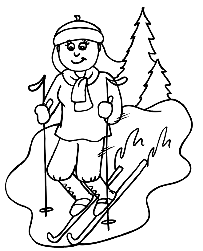 Skiing Coloring Page | A Girl Skiing Downhill