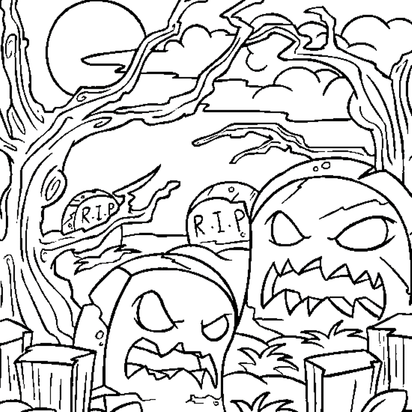 Print Halloween Coloring Pages Graveyard or Download Halloween