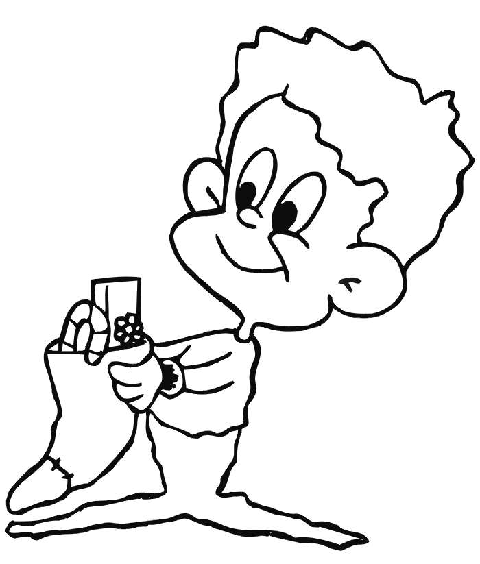 Christmas Stocking Coloring Page | Boy Holding Full Stocking
