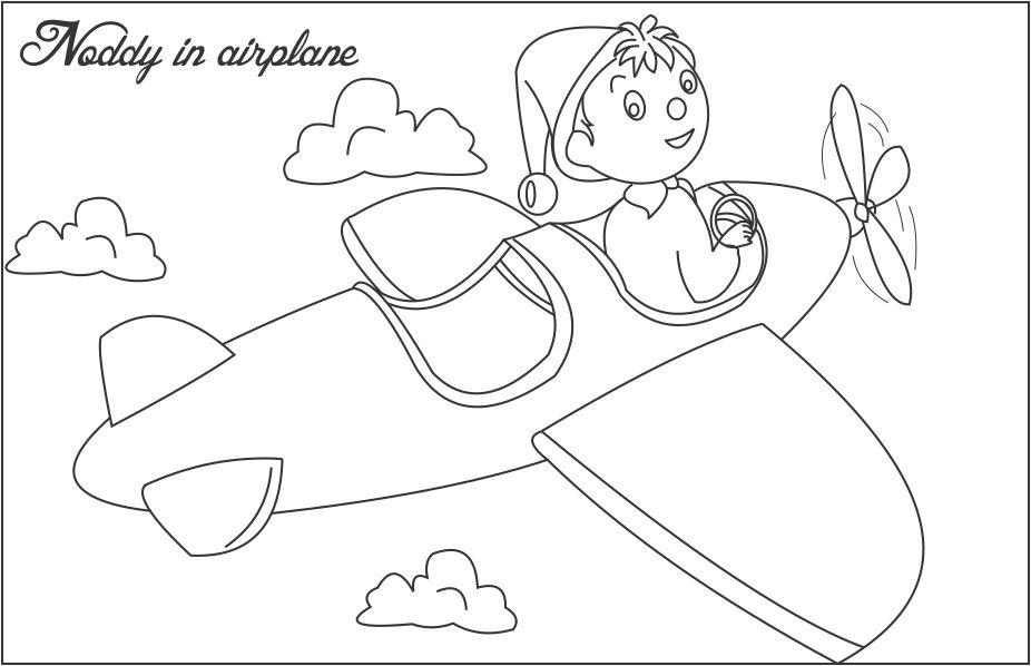Noddy in airplane printable coloring page for kids: Noddy in