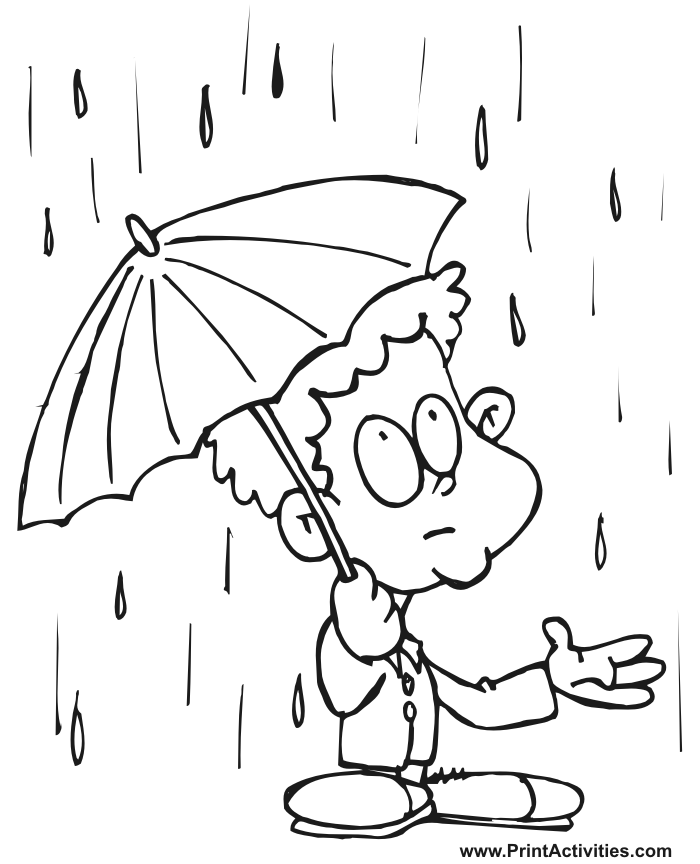 spring coloring page of boy with an umbrella in the rain
