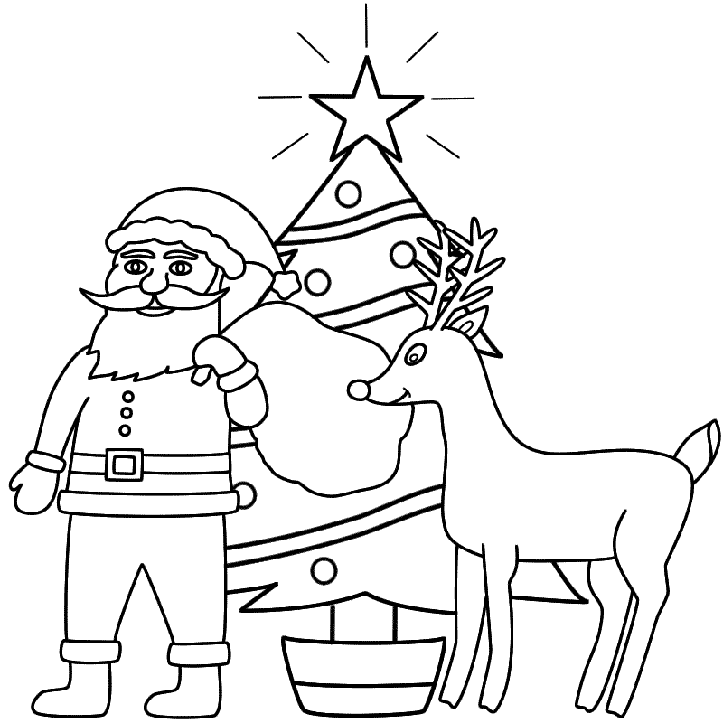 Santa Claus with Rudolph and a Christmas Tree - Coloring Page (