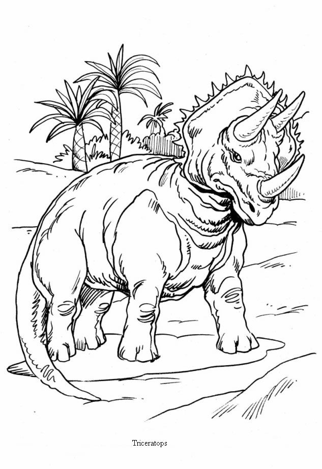 DINOSAUR coloring pages - Triceratops and palm trees