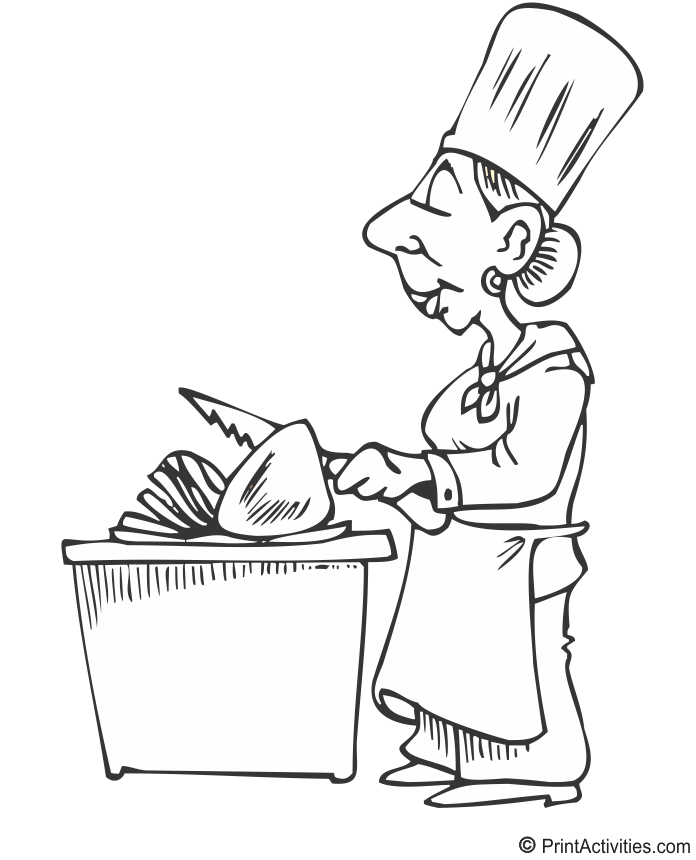 Chef Coloring Page | Female Chef Cutting Food