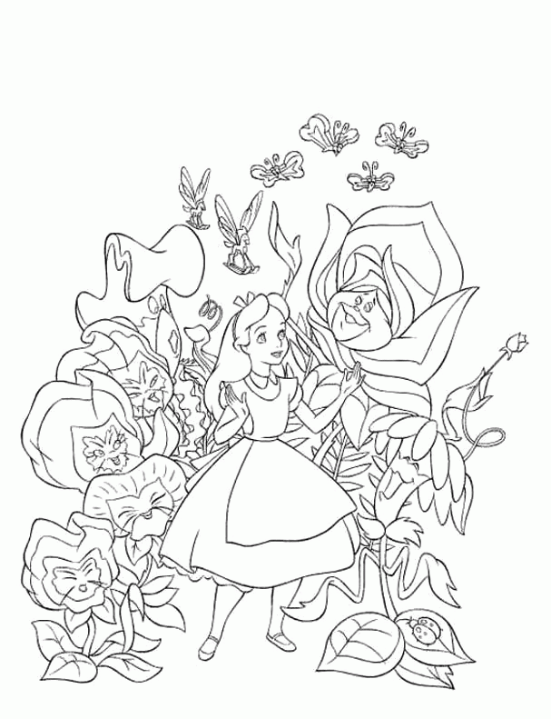 Alice With Friends Plant Coloring Pages - Alice In Wonderland