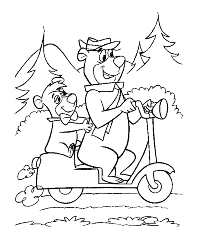 Yogi Bear Coloring Pages - Yogi and BooBoo riding on a motor