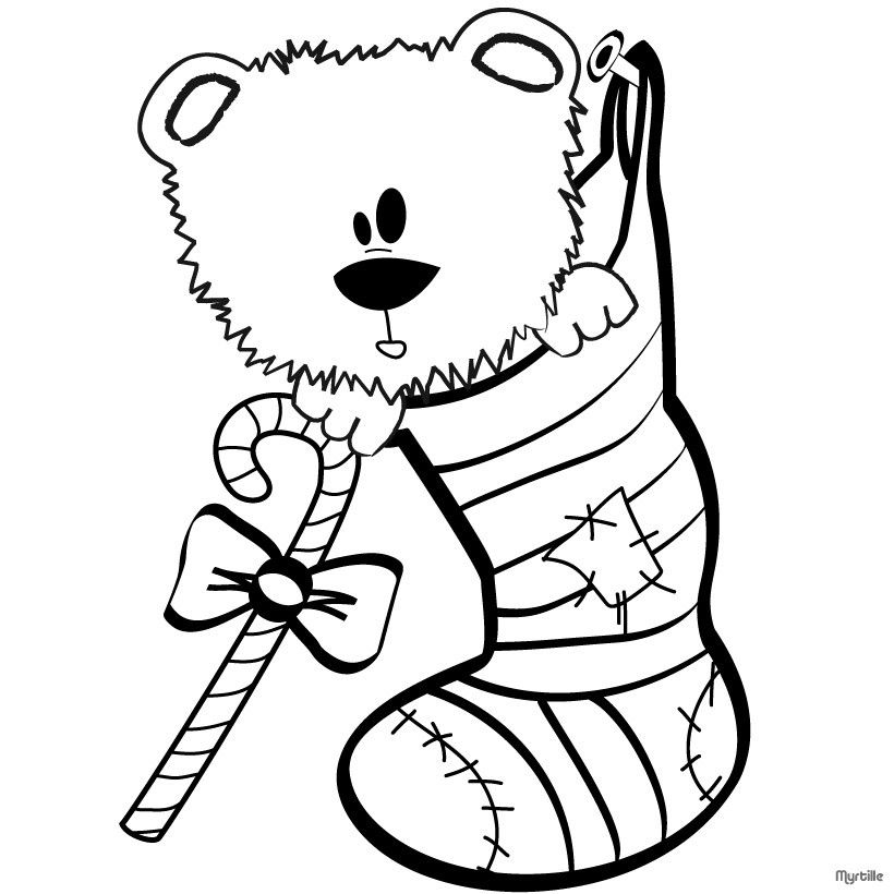 CHRISTMAS STOCKINGS coloring pages - Teddy Bear and fireplace stocking