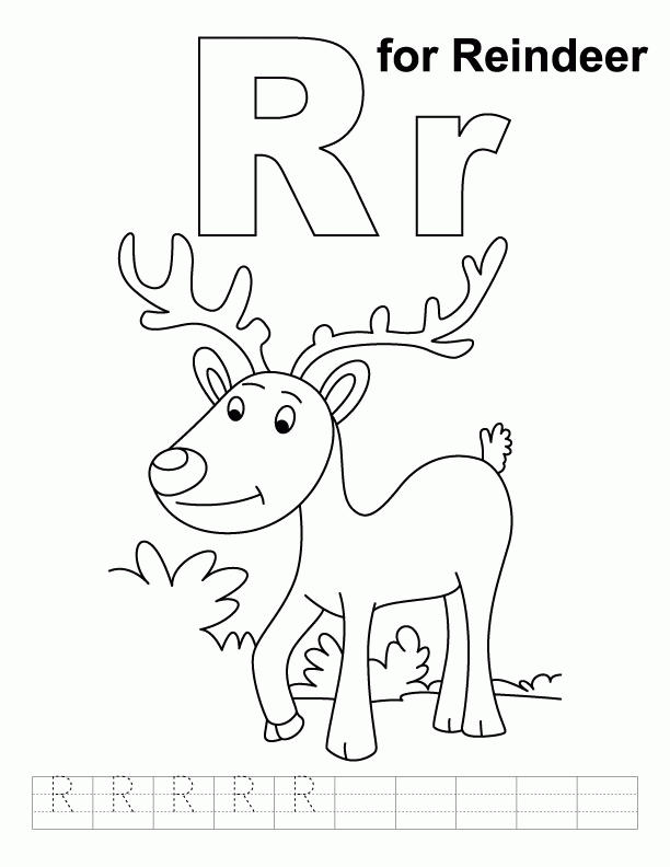 R for reindeer coloring page with handwriting practice | Download
