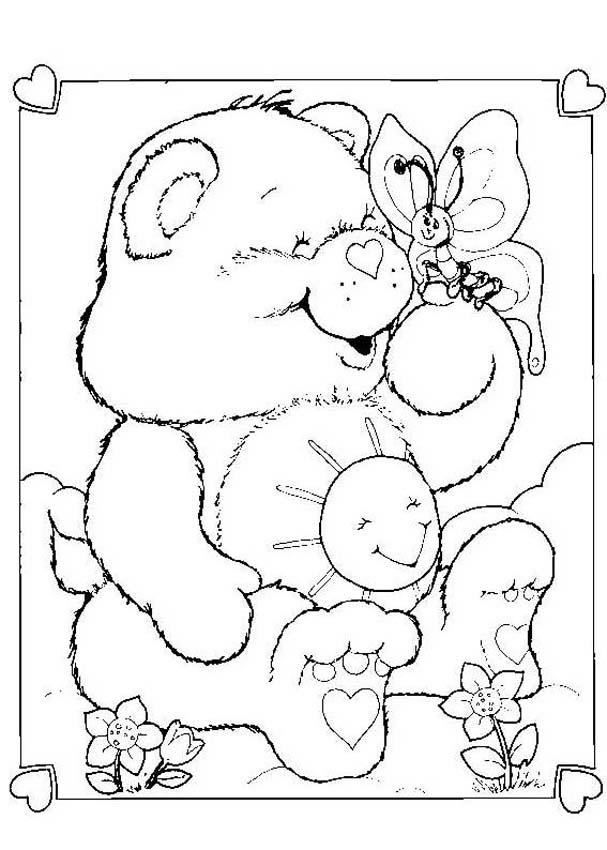 CARE BEARS coloring pages - Funshine Bear with a butterfly