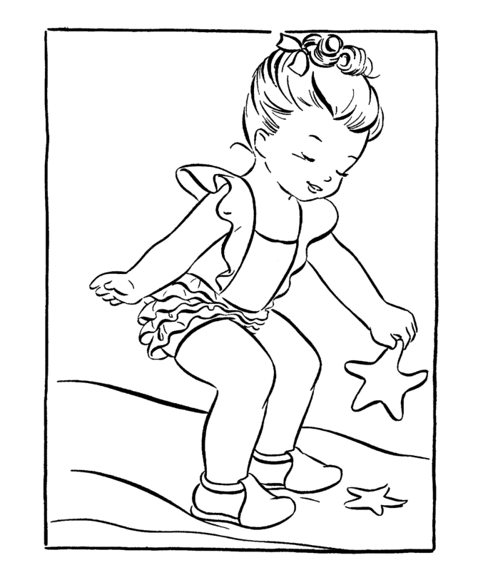 Summer Coloring - Kids Starfish on the beach Coloring Page Sheets