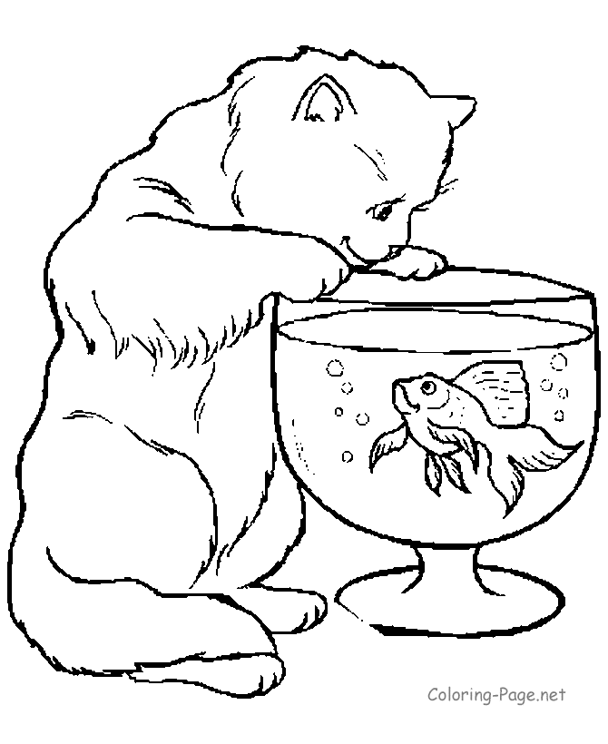 printable animal coloring pages cat and fish bowl