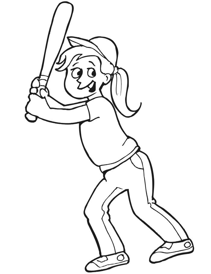 Printable Baseball Coloring Page | Girl Player at Bat