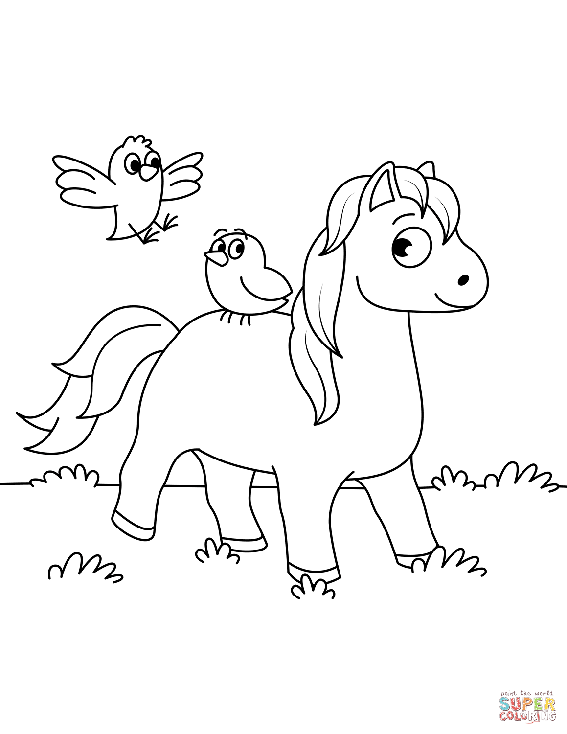 Cute Horse and Two Little Birds coloring page | Free Printable Coloring  Pages