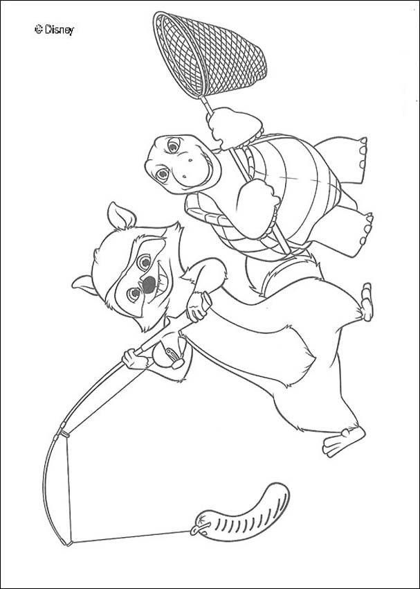 Over the Hedge coloring book pages - Verne the turtle and RJ the
