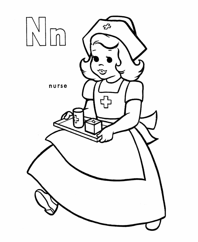 ABC Alphabet Coloring Sheets - N is for Nurse | HonkingDonkey
