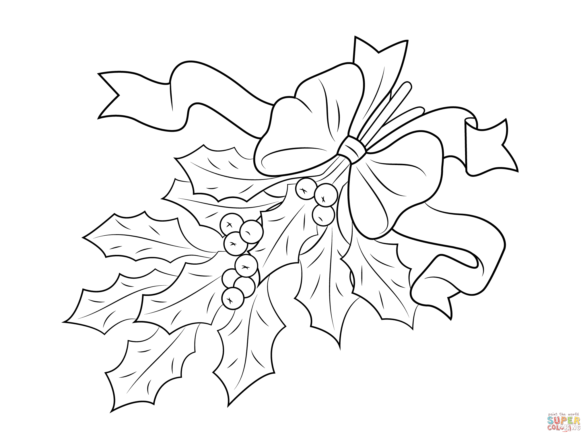 Christmas Holly with Bow coloring page | Free Printable Coloring Pages