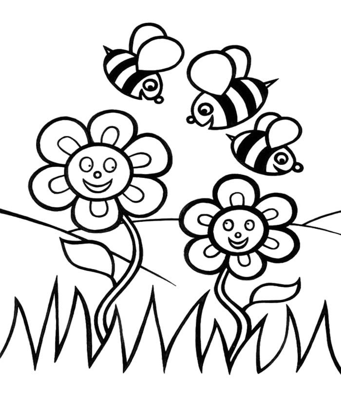 Spring Flower And Bees Coloring Pages For Kids - Spring Flower