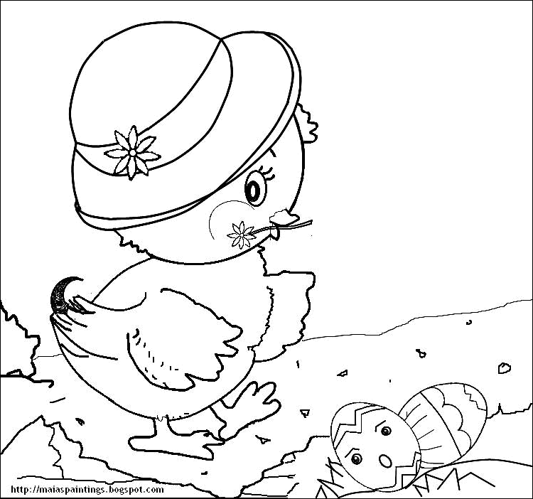 Easter chick with hat and Easter eggs - coloring sheet for kids