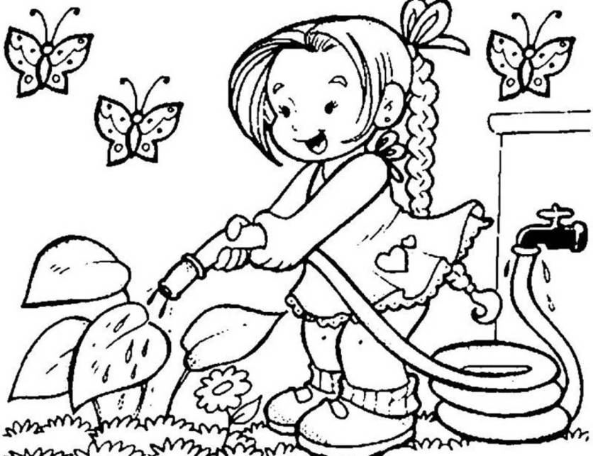 Print Little Girl Watering Flower On Garden Coloring Page or