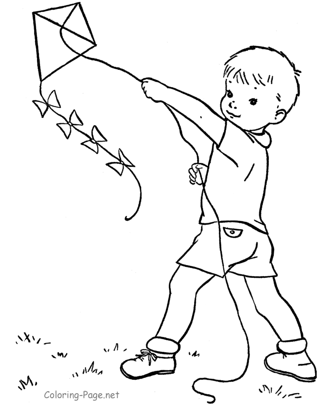 Spring Coloring Page - Boy and kite | Digital stamps
