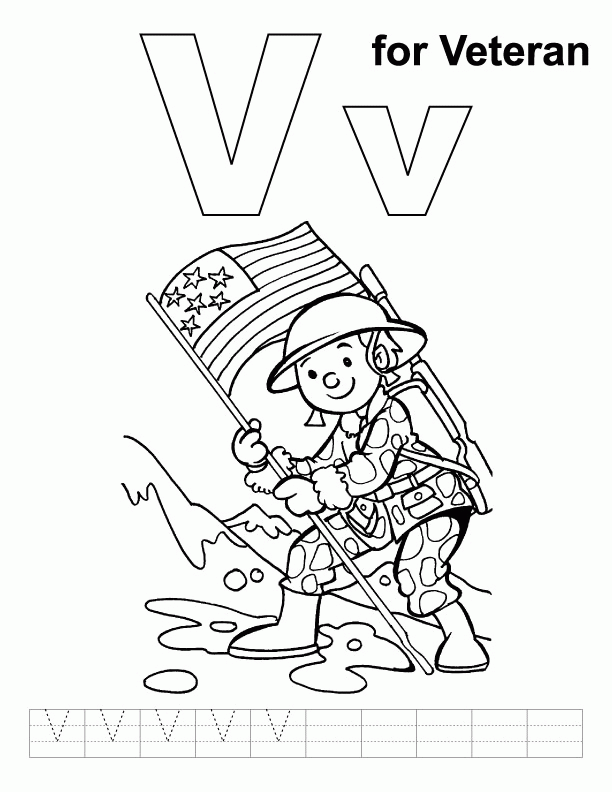 V for veteran coloring page with handwriting practice | Download