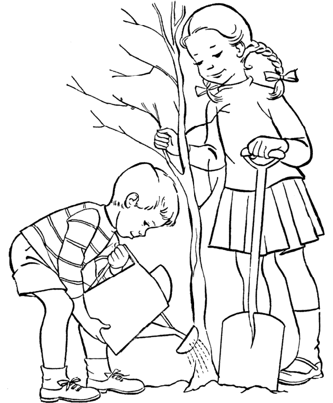 Boy And Girl Planting Trees Coloring Pictures - Arbor Day Cartoon