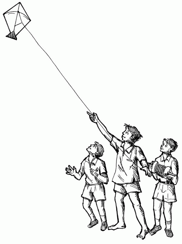Three Kids Flying Kite Together Coloring Page - Free & Printable ...