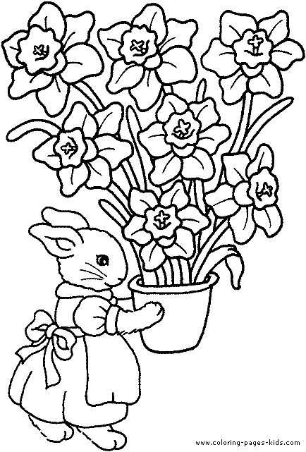 Easter Coloring Page - Easter bunny with Daffodils