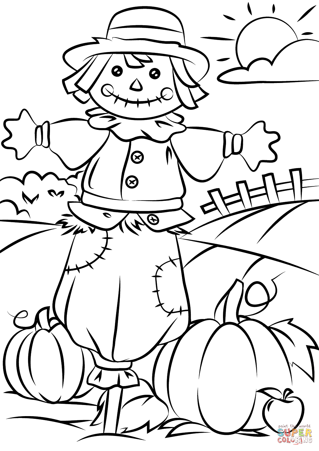 Autumn Scene with Scarecrow coloring page | Free Printable ...