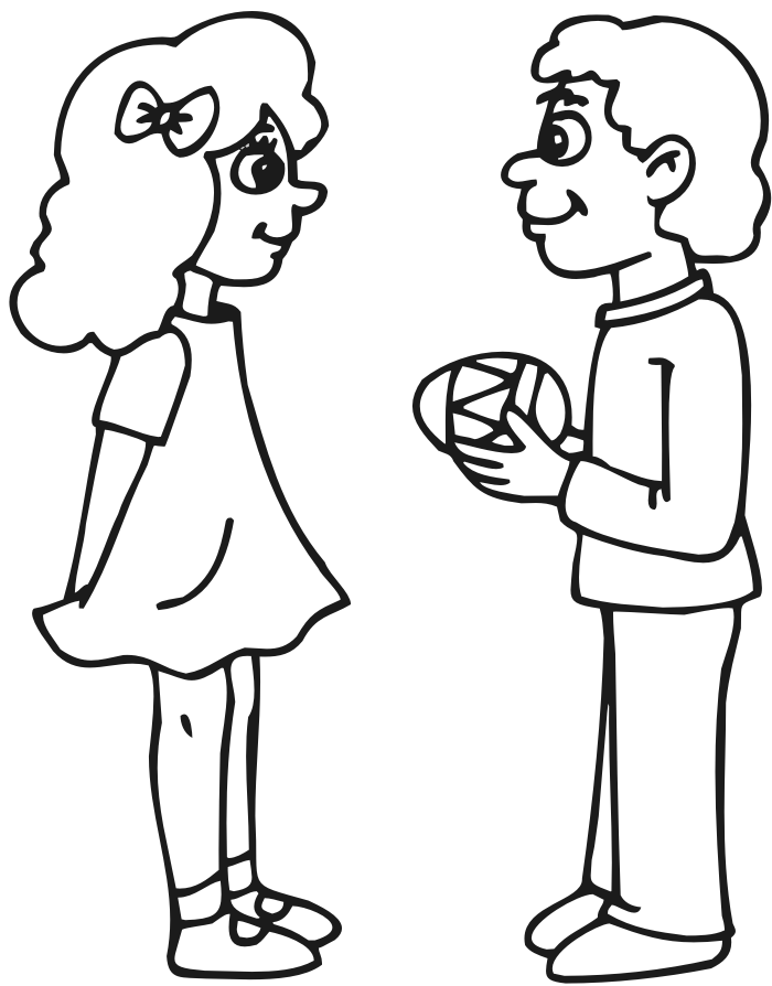 Easter Coloring Page: Boy giving girl easter egg