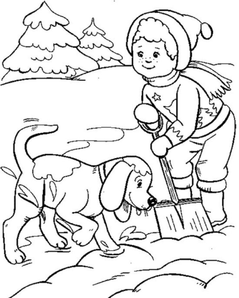 Download Boy And Dog Playing Snow Winter Coloring Pages For Kids
