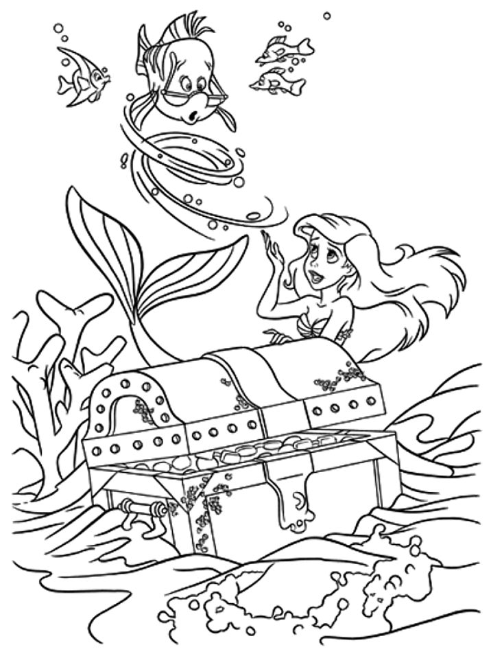 Little Mermaid Coloring Page Treasure Chest | Kids Cute Coloring Pages