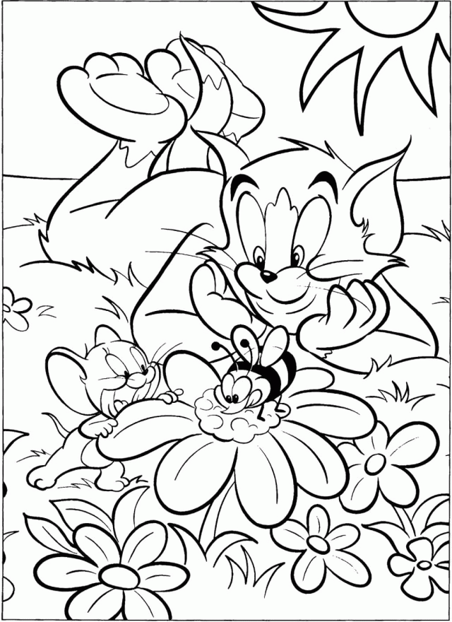 Educational Tom And Jerry In The Garden Coloring Page High Res