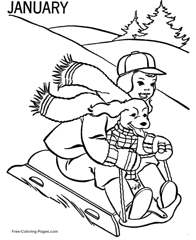 Winter Coloring Pages - January Sledding 07