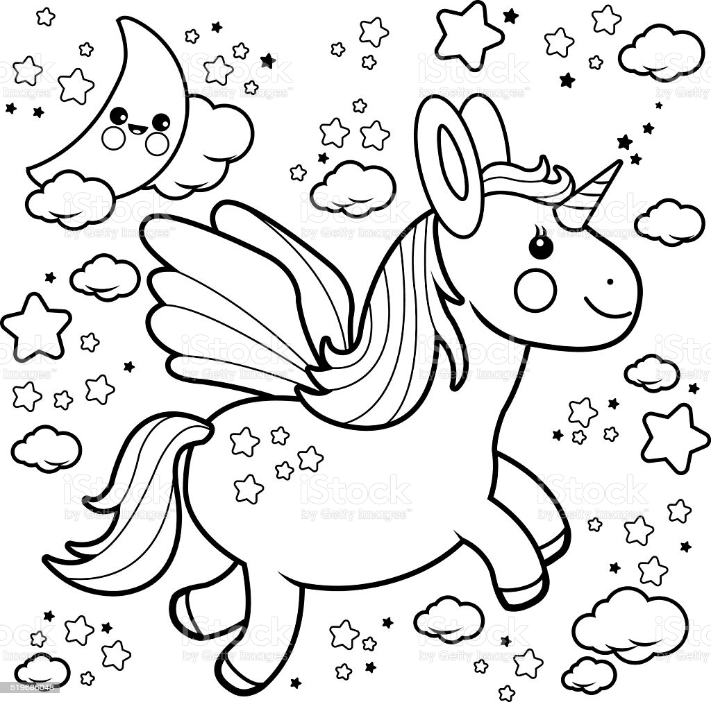 Cute Unicorn Flying In The Night Sky Coloring Book Page Stock Illustration  - Download Image Now - iStock