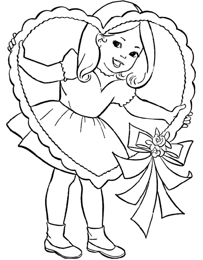 Print Cute Little Girl And Valentine Heart Coloring Page or