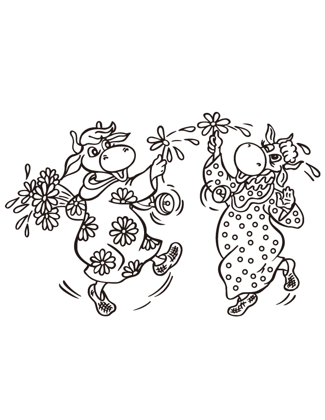 Two Cows In Pajamas Dancing Coloring Page | Free Printable