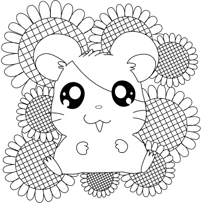 Happy Hamsters With Sun Flower Hamtaro Coloring Page - Cartoon