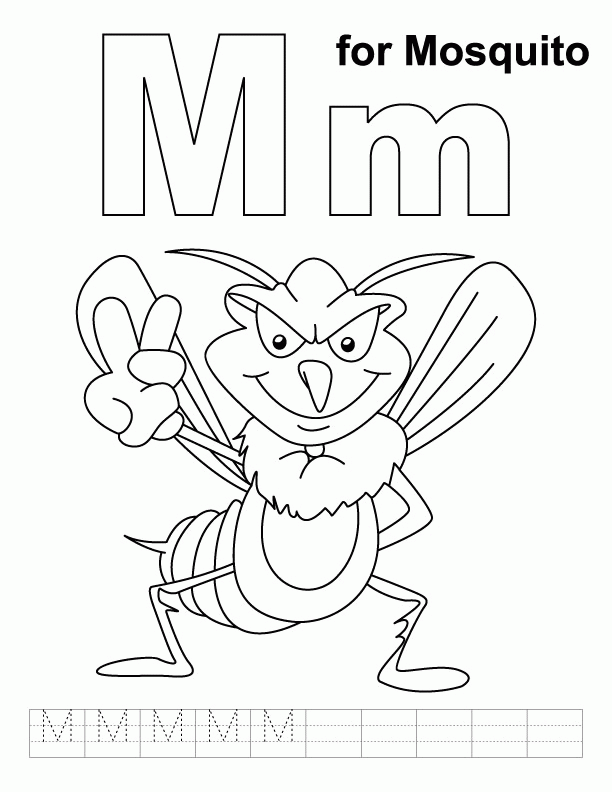 M for mosquito coloring page with handwriting practice | Download