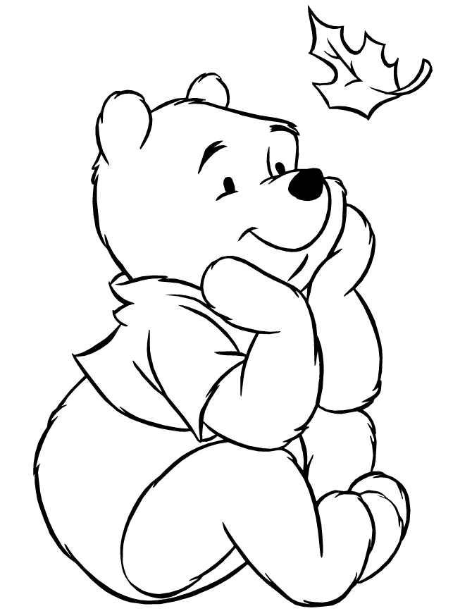 Disney Pooh Bear Staring At Leaf Coloring Page | Free Printable