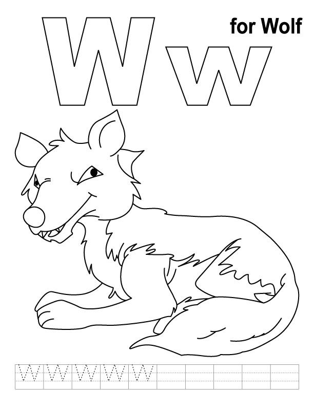 W for wolf coloring page with handwriting practice | Download Free
