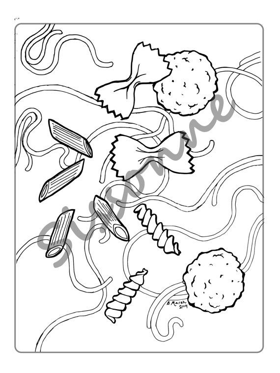 Meatballs and Pasta Noodles Coloring Page - Instant Download PDF ...