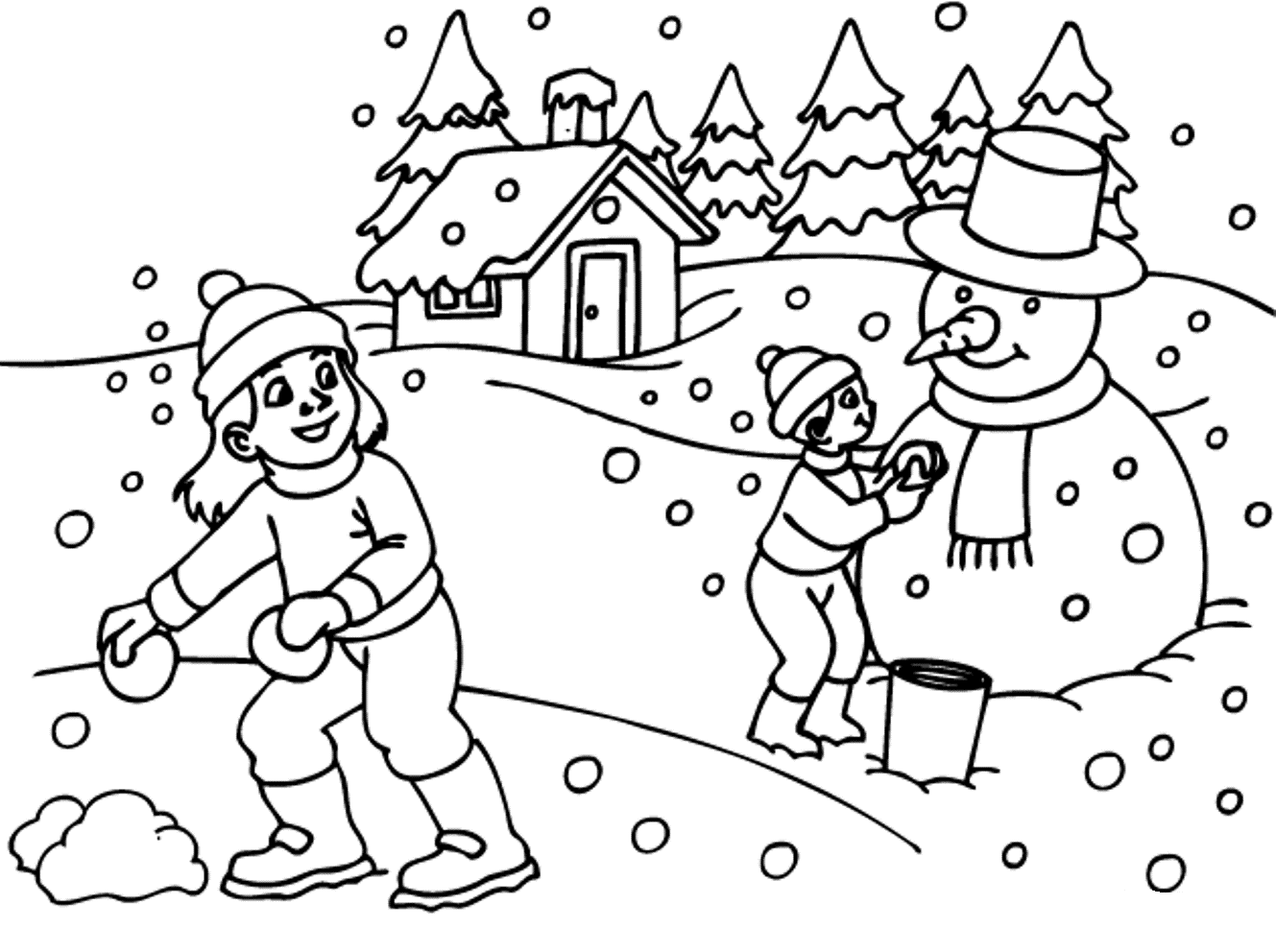 Playing Snow In The Winter Coloring Pages Printable | Winter ...