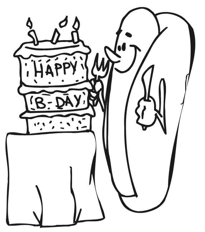 Birthday Coloring Page | A Hot Dog Beside a Birthday Cake