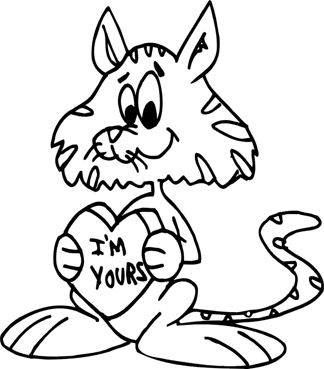 Valentine Coloring Page | A Cat Holding a Heart