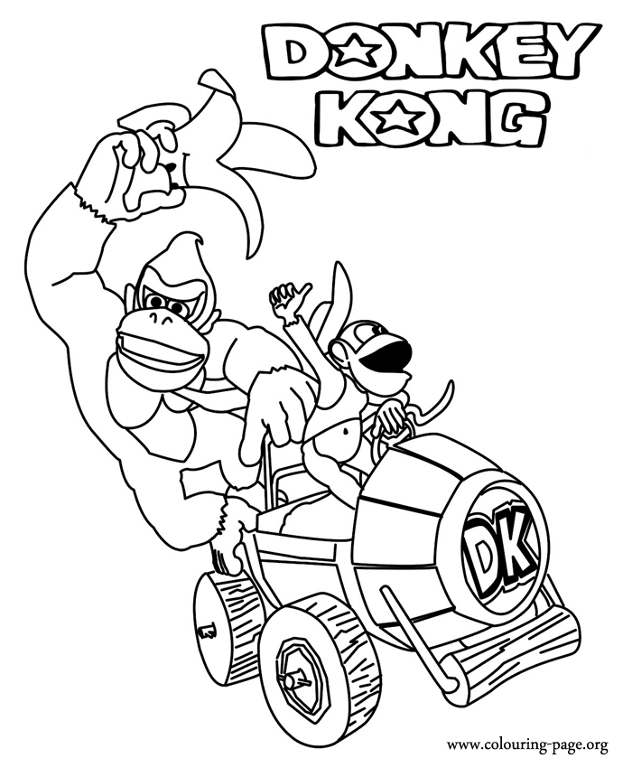 Donkey Kong - Donkey and Diddy Kong in their vehicle coloring page