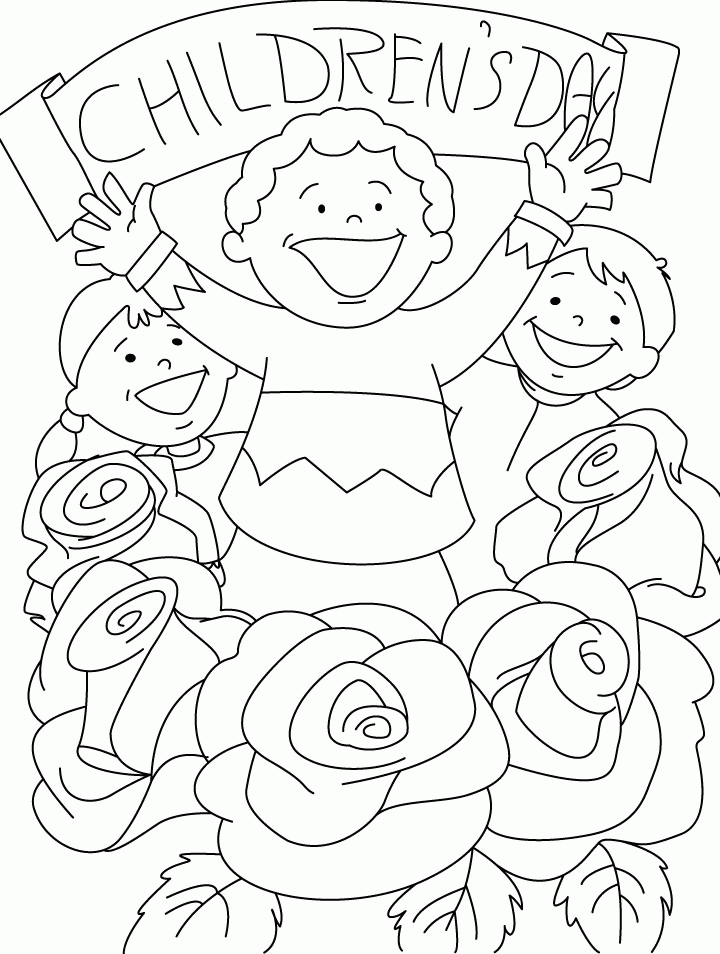 Happy Kids And Roses Children Day Coloring Pages | Coloring