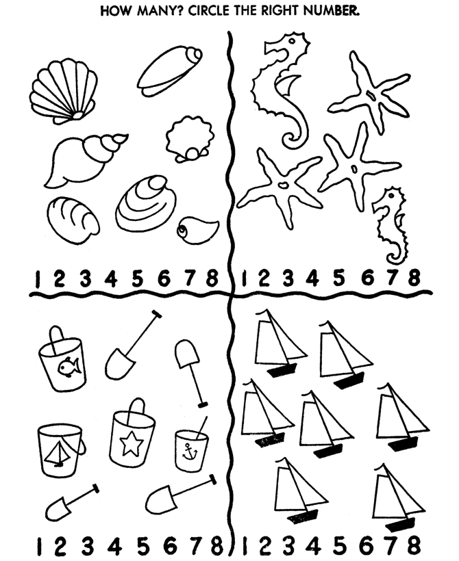 Counting Activity Sheets | Count Sea Shore Objects Activity page