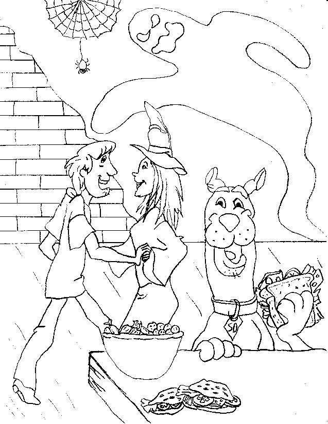 Shaggy Dancing With Halloween Witch And Scooby Doo Eating Coloring