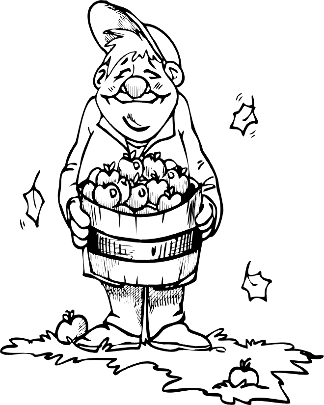 Autumn Leaves Coloring Page | Guy With Barrel & Leaves